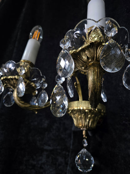 Fabulous Pair of Heavy Brass Vintage French 2 Arm Crystal Wall Lights Sconces