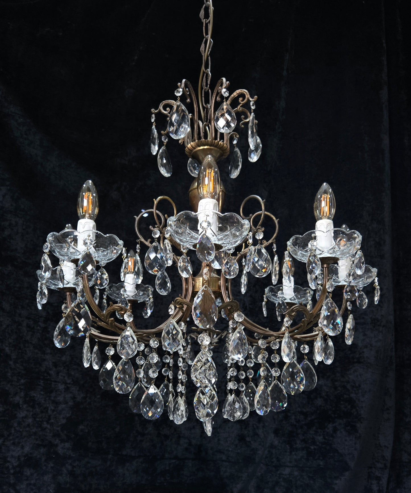 Fabulous Large Vintage Italian Heavy 8 Arm Leaf Crystal Chandelier Ceiling Light