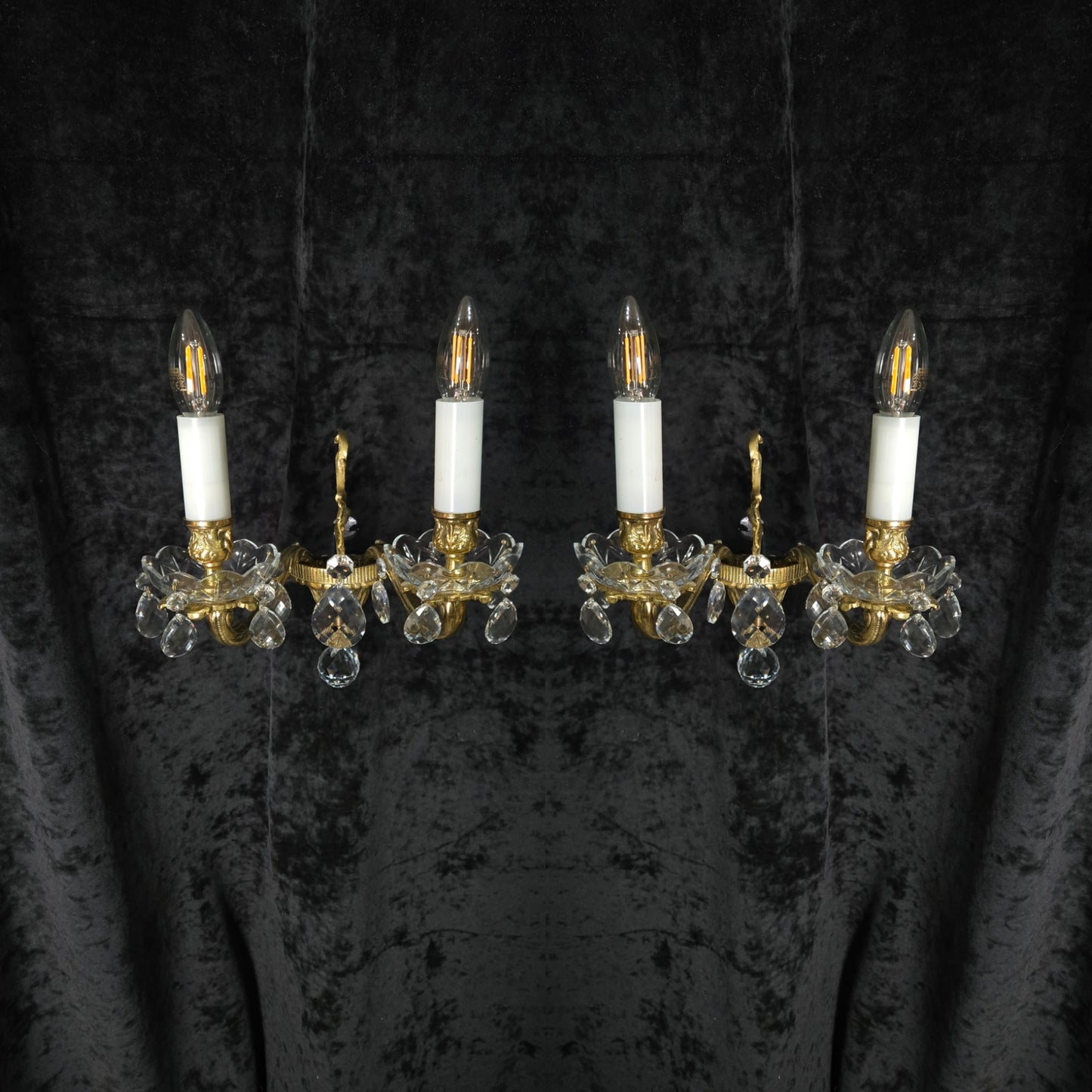 Fabulous Pair of Heavy Brass Vintage French 2 Arm Crystal Wall Lights Sconces