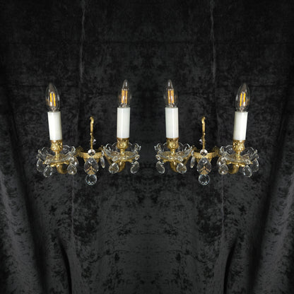 Fabulous Pair of Heavy Brass Vintage French 2 Arm Crystal Wall Lights Sconces
