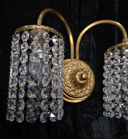 Beautiful Pair of Vintage French 2 Arm Brass Wall Lights with Crystal Shades
