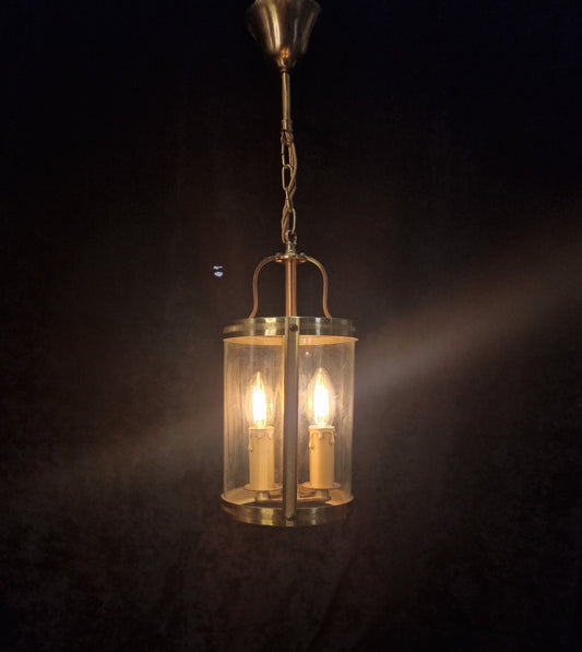 Classical Vintage French Cylinder Glass Brass 2 Light Lantern Hallway Light