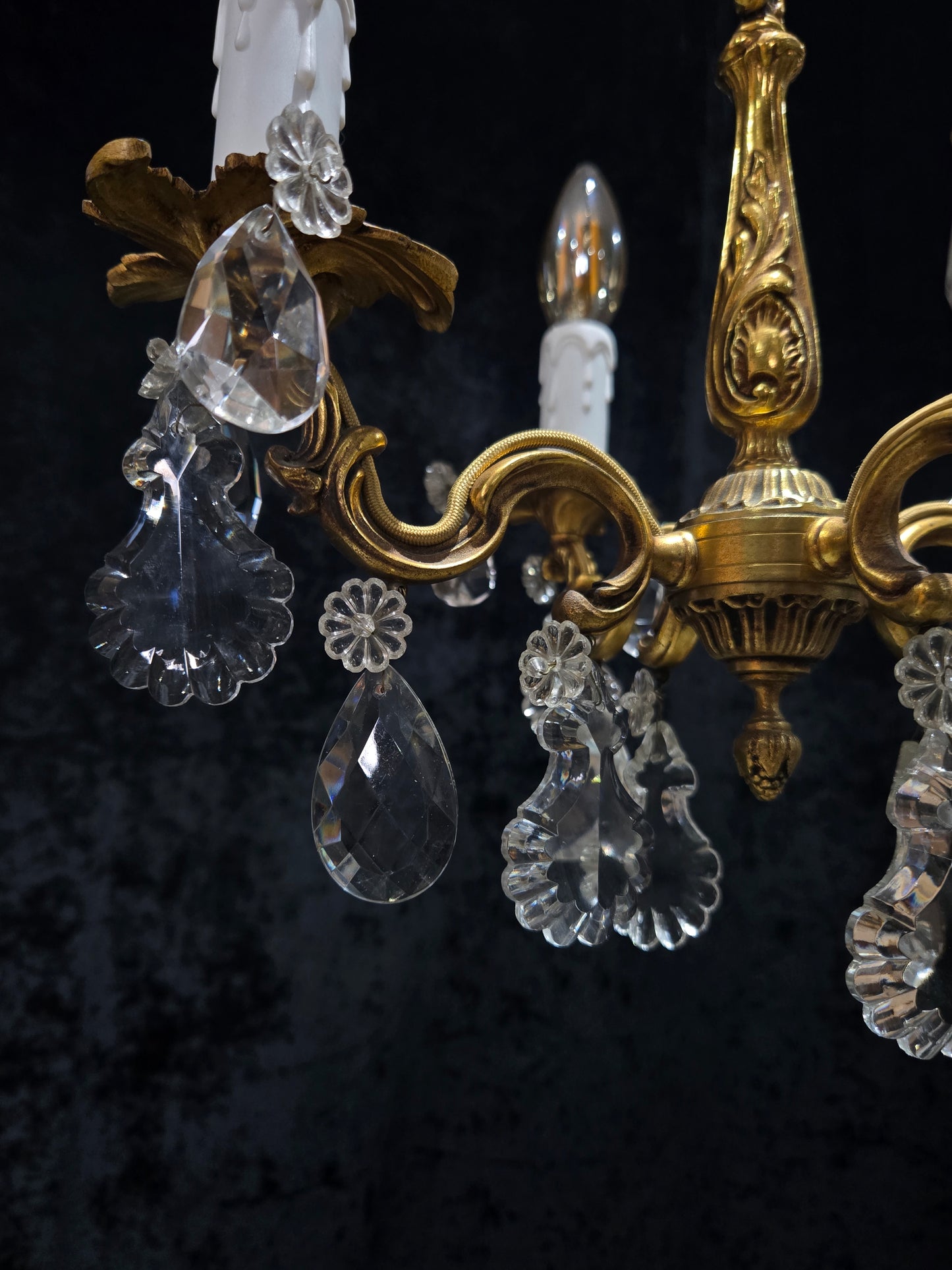 Beautiful Antique Petite French 4 Arm Bronze Brass Crystal Chandelier Light