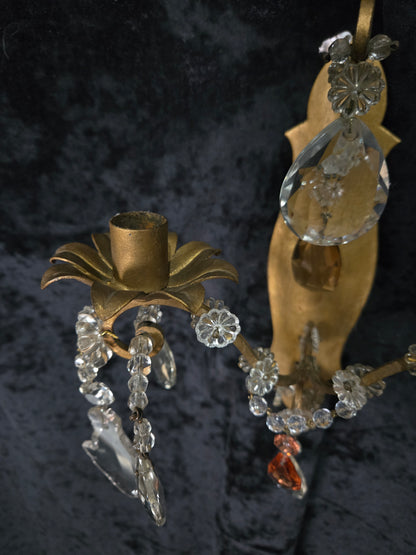 Fabulous Pair Vintage Italian 2 Arm Gilded Wrought Iron Crystal Candle Sconces