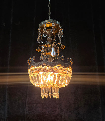 Beautiful Vintage Italian Brass 3 Light Crystal Bag Bows and Roses Chandelier