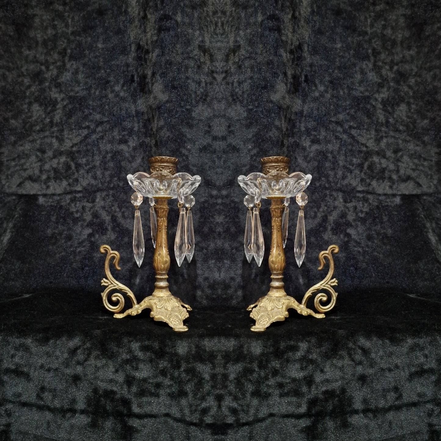 Lovely Pair of Elegant Vintage Italian Brass and Glass Crystal Candlesticks