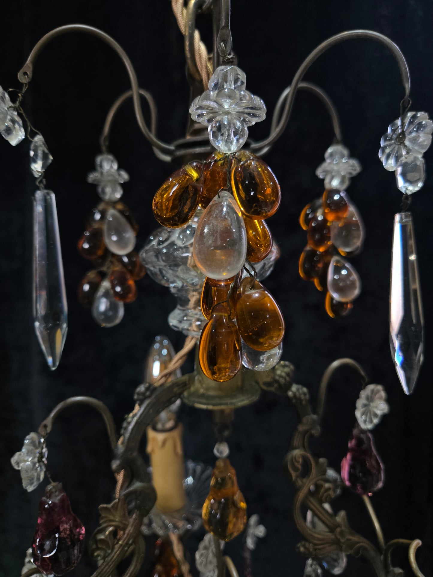 Fabulous Antique French 2 Arm Caged Murano Crystal Brass Chandelier Light