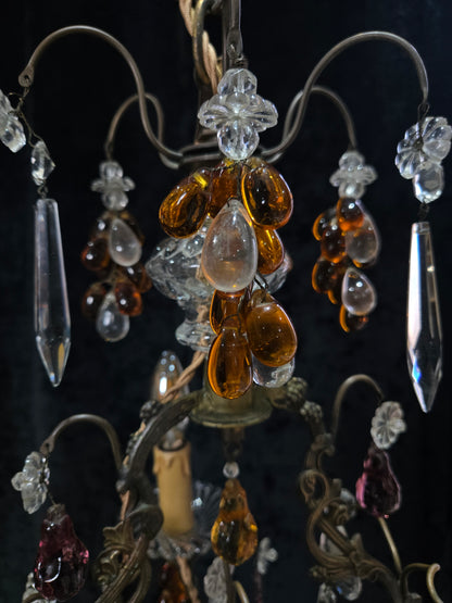 Fabulous Antique French 2 Arm Caged Murano Crystal Brass Chandelier Light