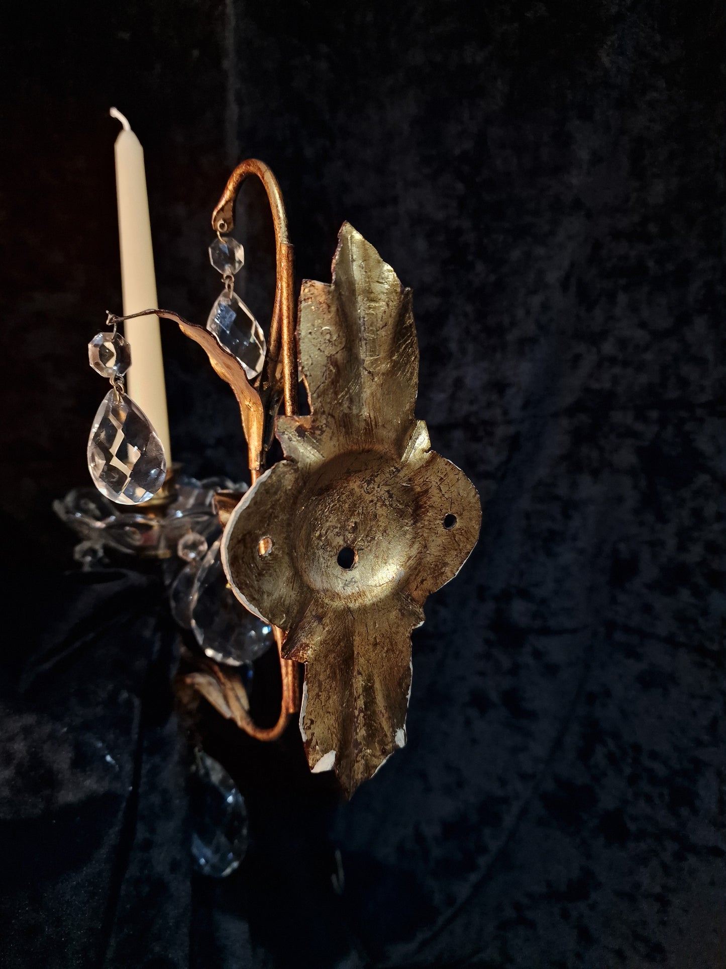 Stunning Pair Vintage Italian 1 Arm Florentine Toleware Candle Crystal Sconces