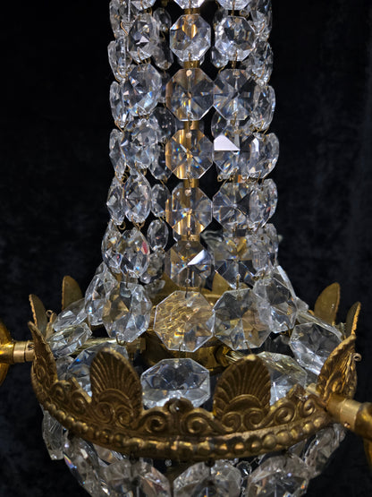 Traditional Vintage French 3 Arm Brass and Crystal Montgolfiere Bag Chandelier
