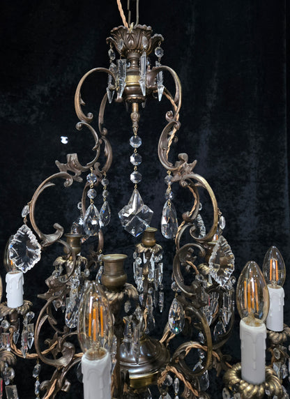 Fabulous Antique Italian 8 Arm 4 Candle Cage Brass Crystal Chandelier Light