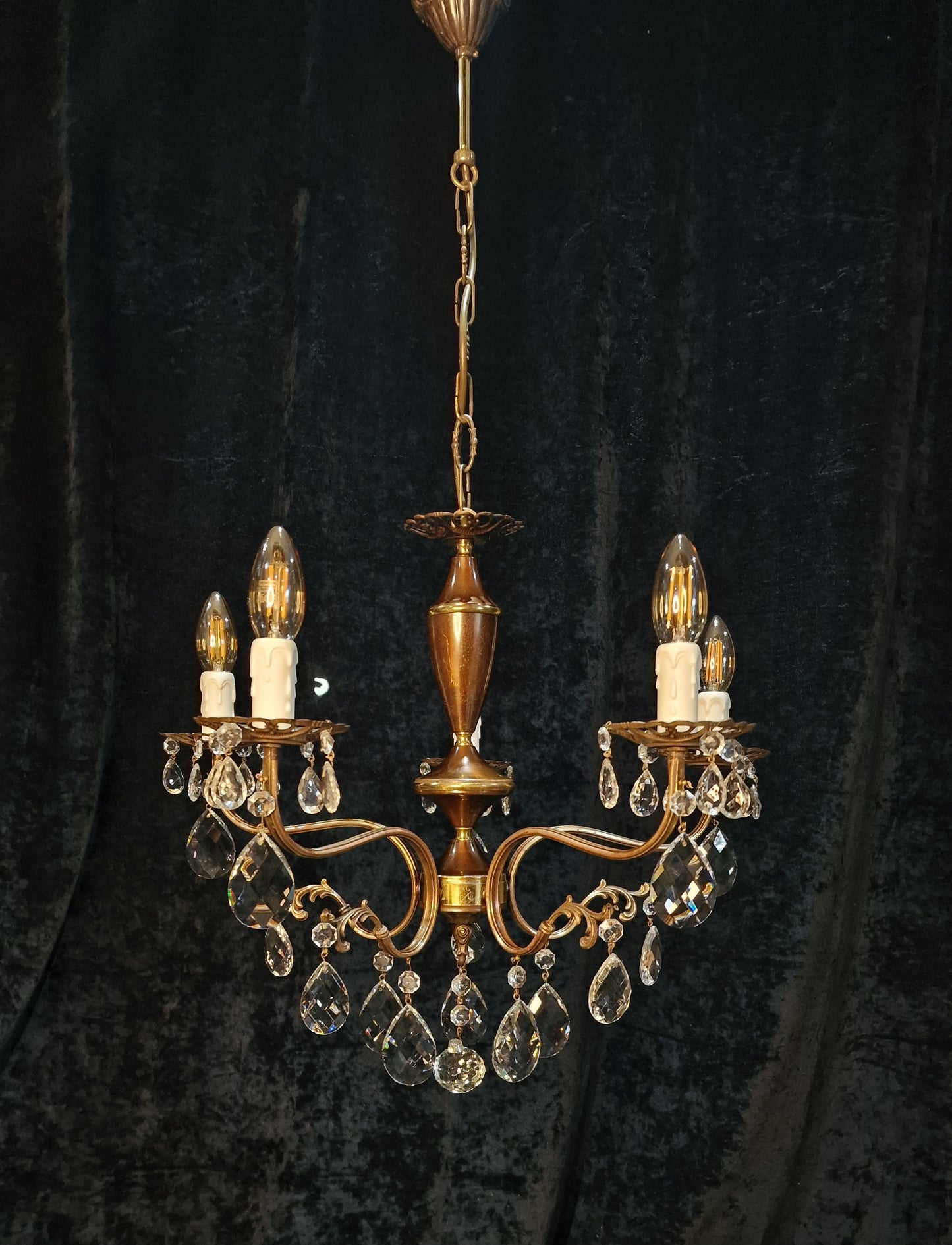 Beautiful Vintage Italian 5 Arm Brass Crystal Chandelier Ceiling Light