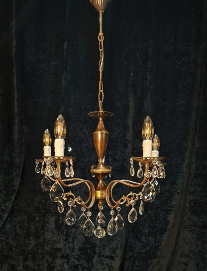 Beautiful Vintage Italian 5 Arm Brass Crystal Chandelier Ceiling Light
