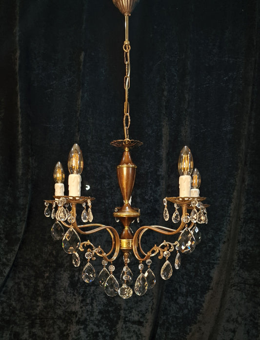Beautiful Vintage Italian 5 Arm Brass Crystal Chandelier Ceiling Light
