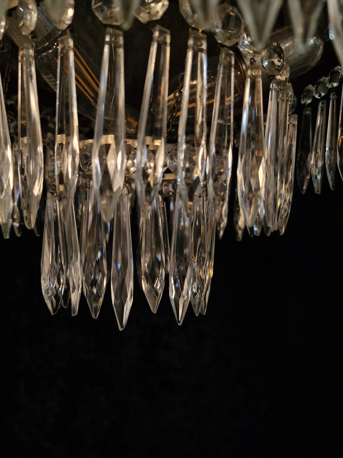 Beautiful Vintage French 3 Tier 3 Light Brass Crystal Waterfall Flush Mount