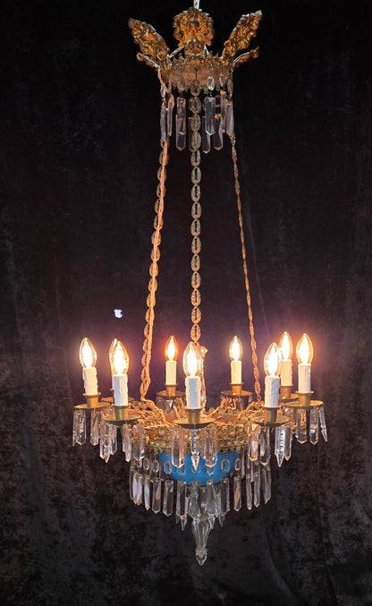 Exceptional Antique French Late 1800s 9 Arm Brass Blue Glass Crystal Chandelier