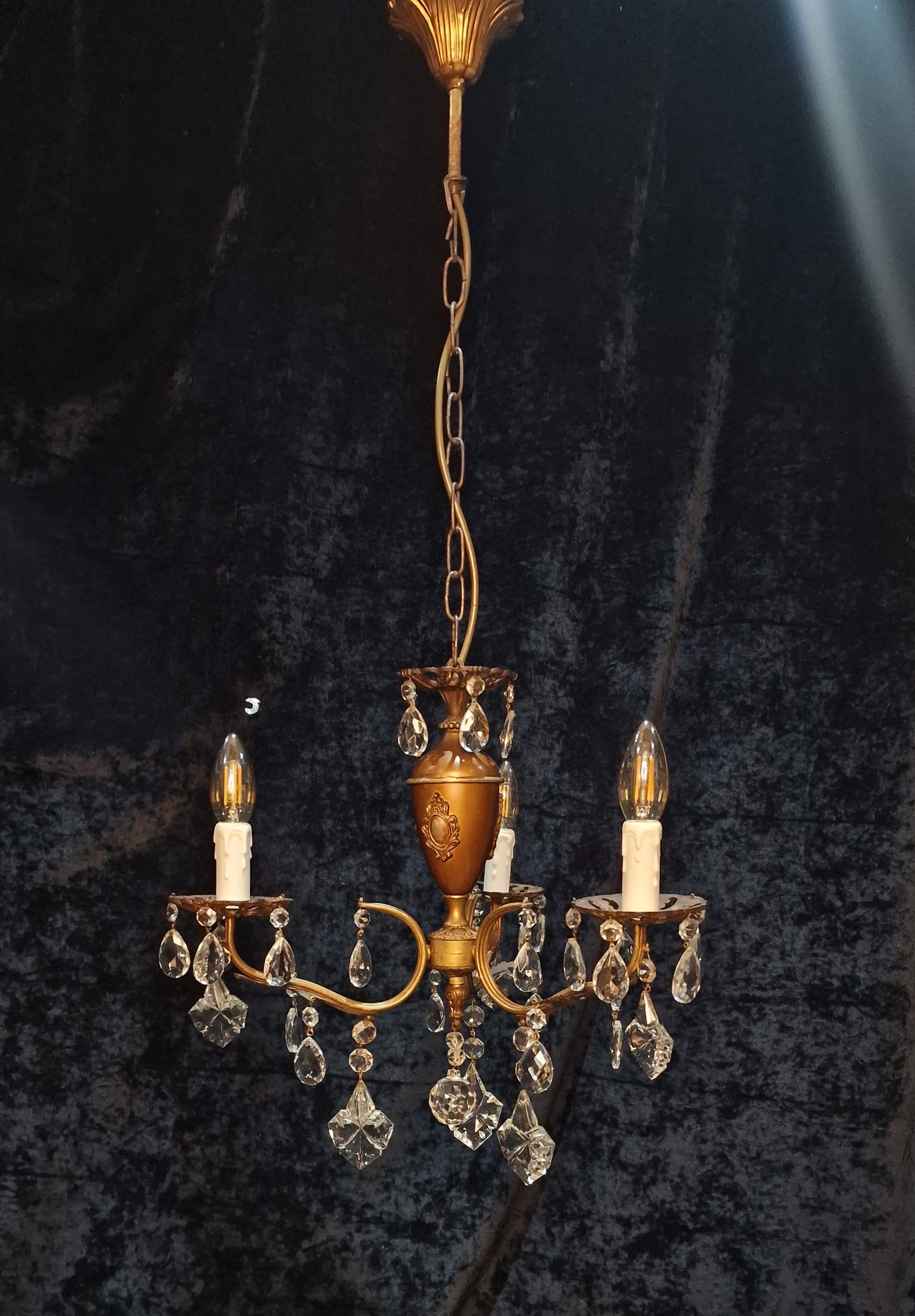 Lovely Vintage Italian 3 Arm Brass Crystal Leaf Chandelier Ceiling Light