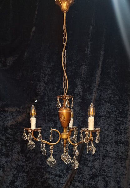 Lovely Vintage Italian 3 Arm Brass Crystal Leaf Chandelier Ceiling Light