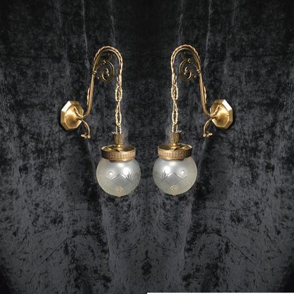 Unique Pair of Vintage Italian Brass Glass Lantern Wall Lights Sconces