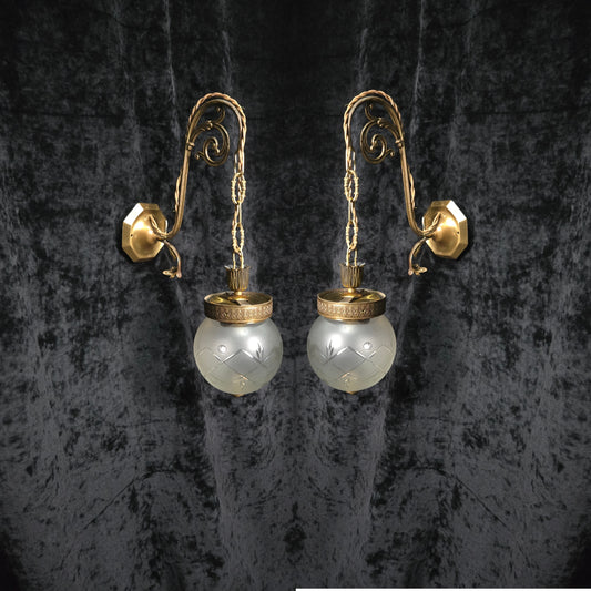 Unique Pair of Vintage Italian Brass Glass Lantern Wall Lights Sconces