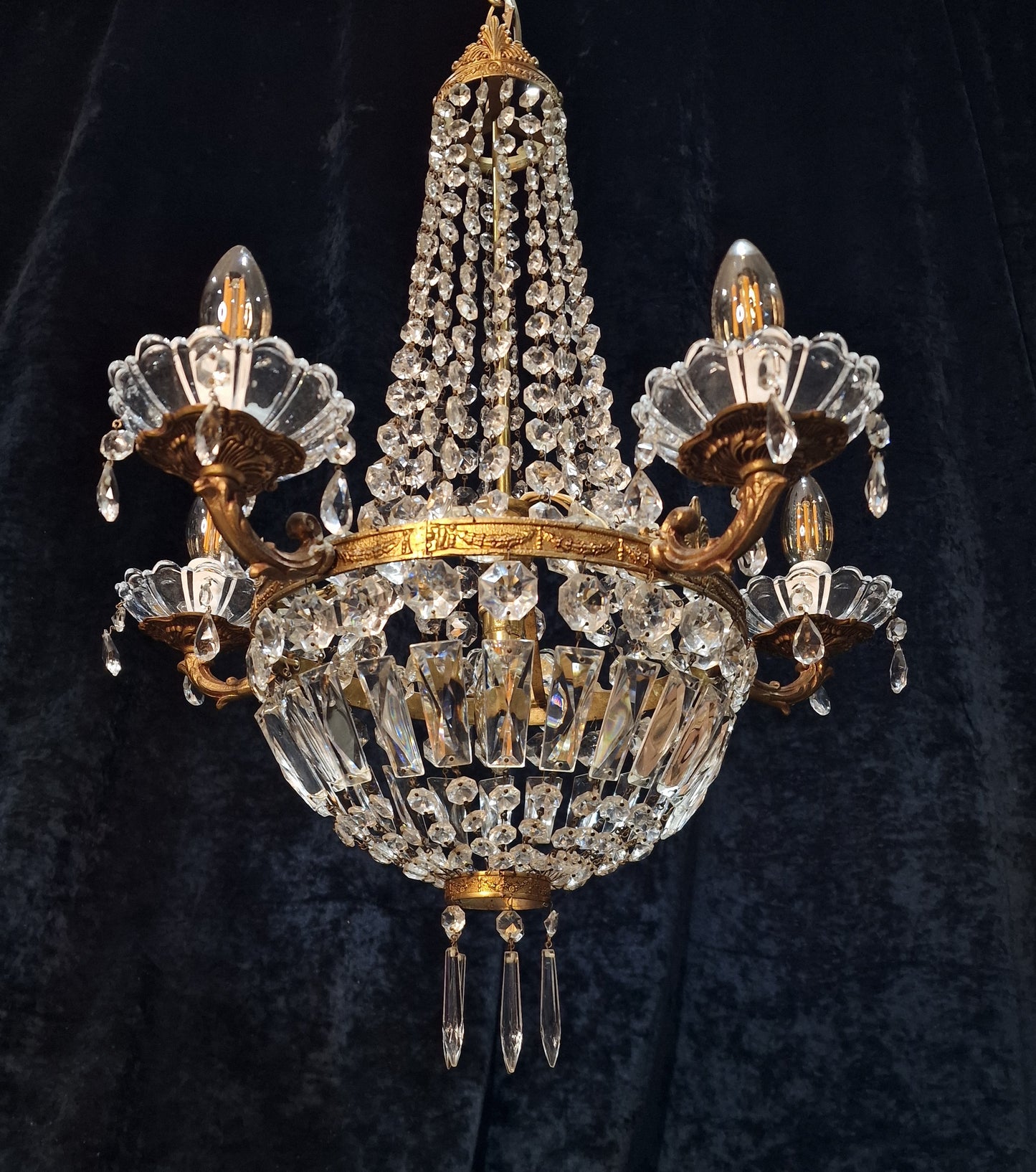 Traditional Antique French 5 Arm 6 Light Crystal Brass Montgolfiere Chandelier