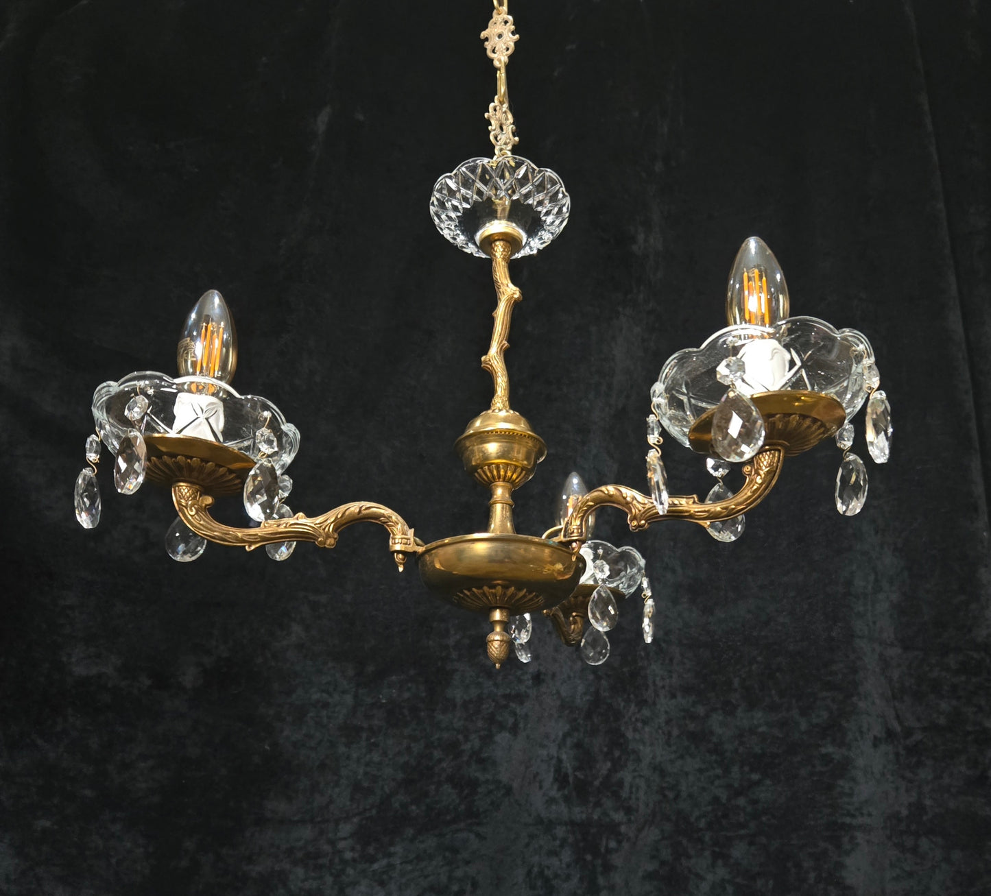 Lovely Vintage French 3 Arm Brass Foliage Crystal Chandelier Ceiling Light