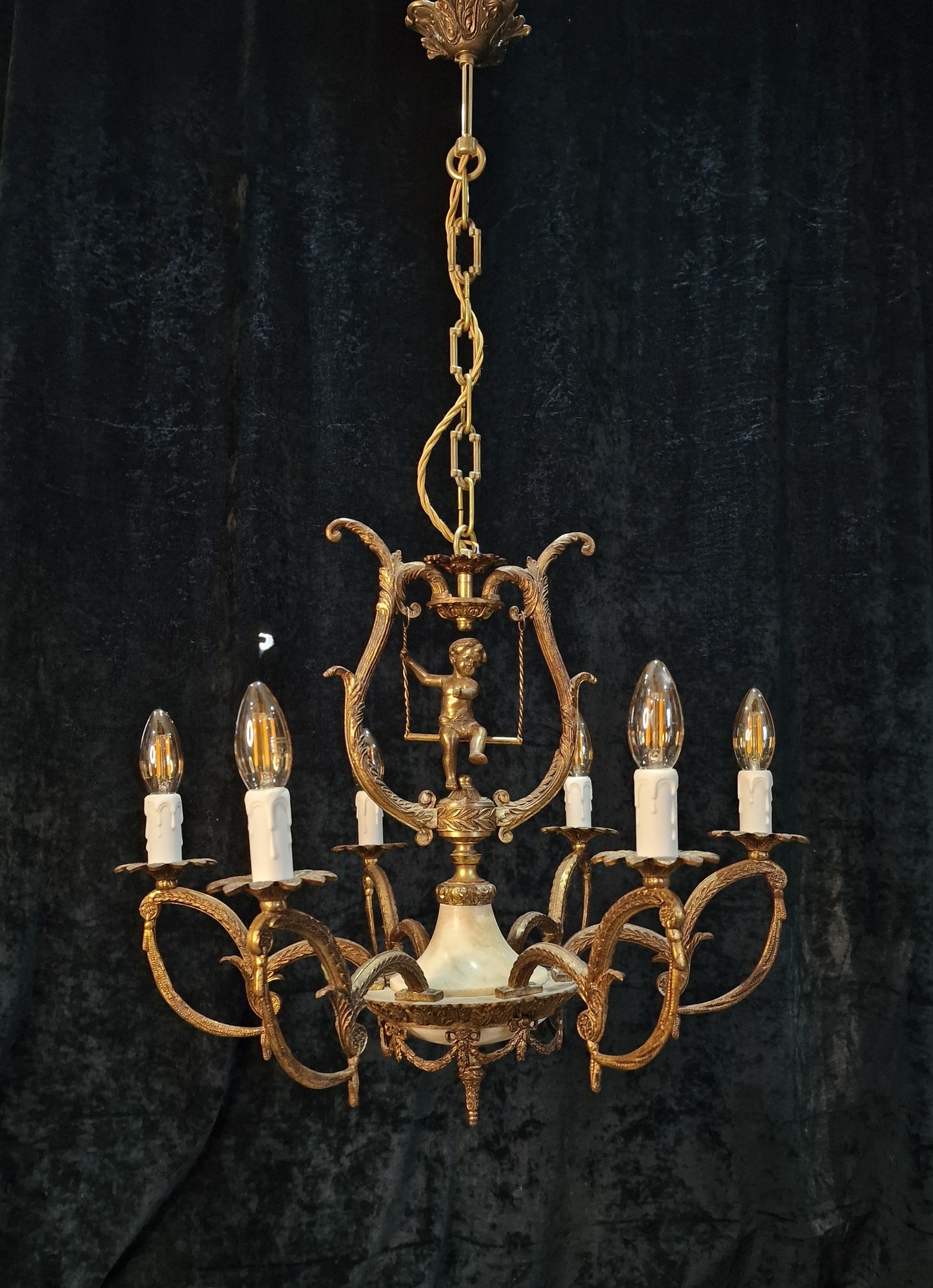 Fabulous Vintage Spanish Heavy Gilded Spelter 6 Arm Cherub Chandelier Light