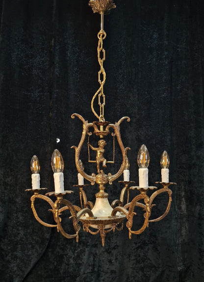 Fabulous Vintage Spanish Heavy Gilded Spelter 6 Arm Cherub Chandelier Light