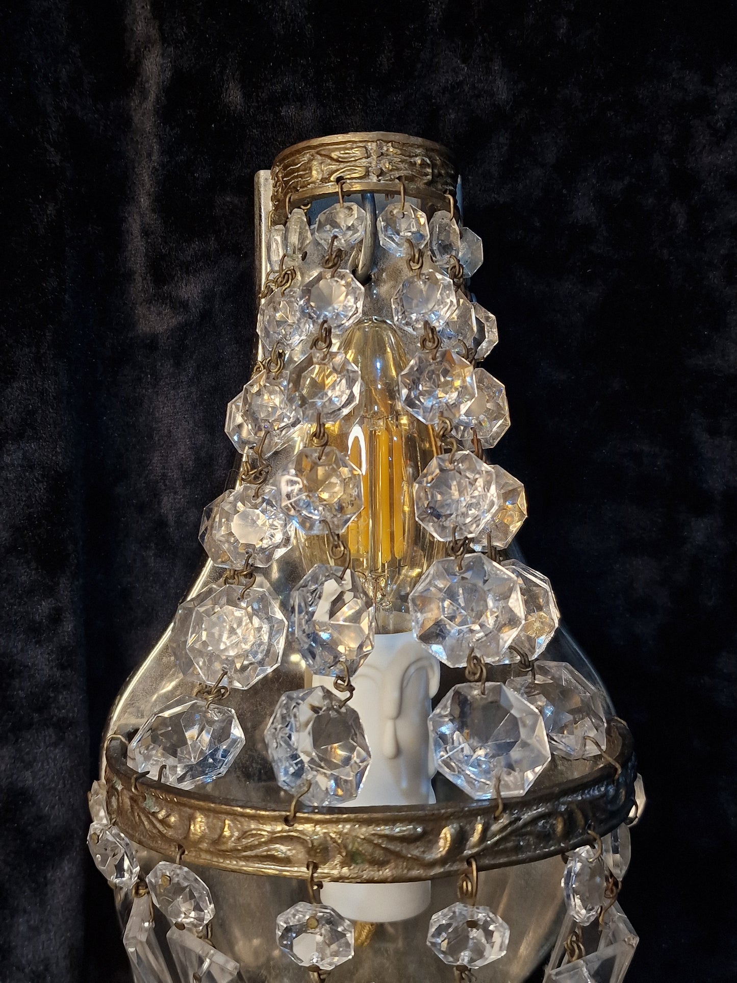 Stunning Pair of Vintage French Brass Crystal Montgolfiere Sconces Wall Lights