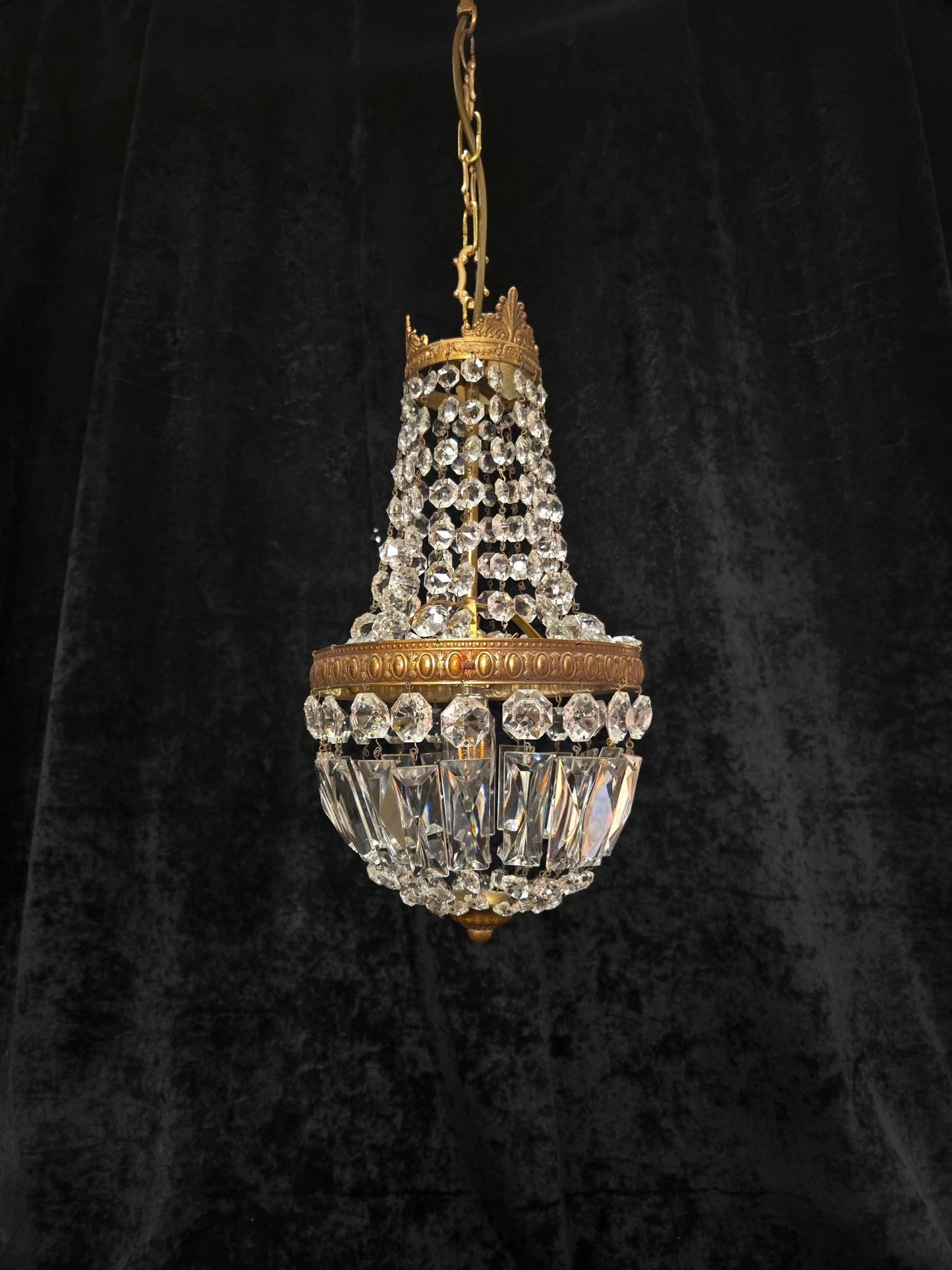 Traditional Antique French 1 Light Brass and Crystal Montgolfiere Chandelier