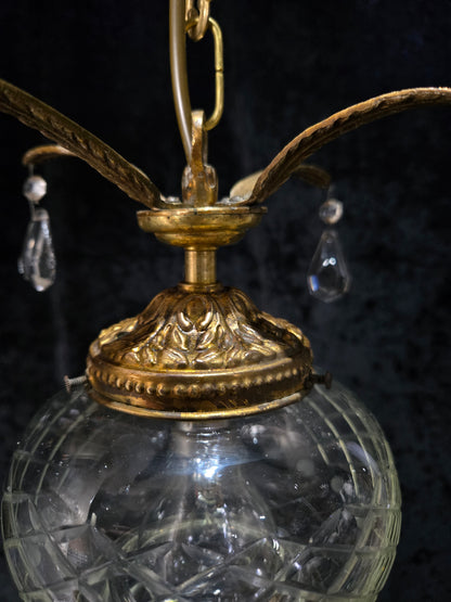 Lovely Vintage Clear Cut Glass Brass Crystal Leaf Hall Lantern Pendant Light
