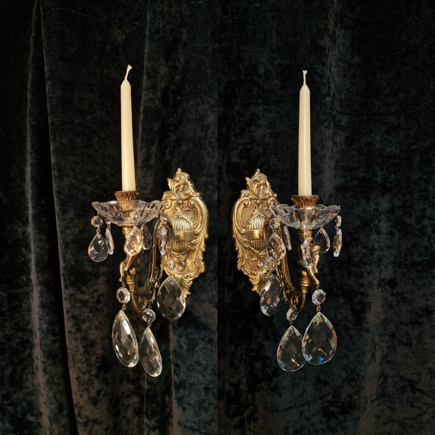 Fabulous Pair Italian Vintage Candle Cherub Brass Crystal Wall Sconces Lights