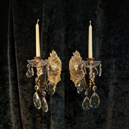 Fabulous Pair Italian Vintage Candle Cherub Brass Crystal Wall Sconces Lights