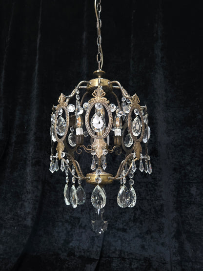 Elegant Vintage Italian Large 3 Arm Cage Crystal Brass Chandelier Ceiling Light