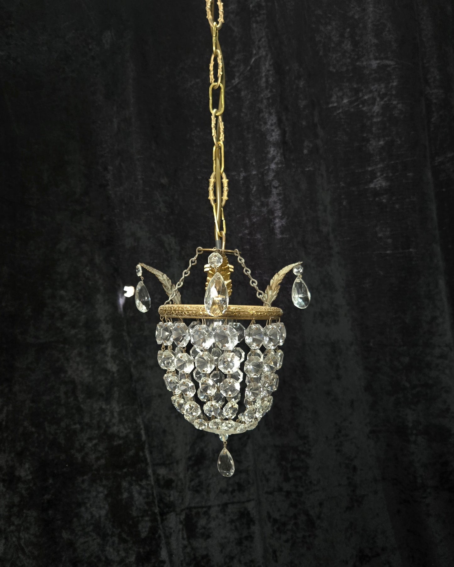 Petite Vintage French Crystal Half Bag Brass 1 Light Leaf Chandelier Light