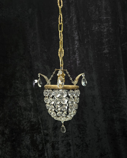 Petite Vintage French Crystal Half Bag Brass 1 Light Leaf Chandelier Light