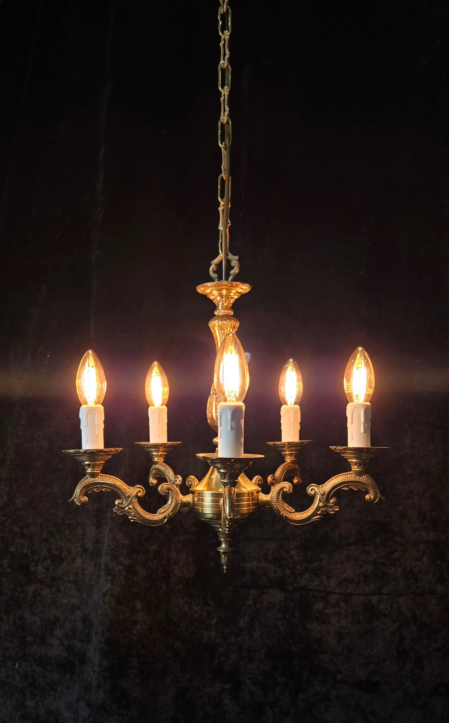 Classical Vintage French 5 Arm Brass Rococo Style Chandelier Ceiling Light