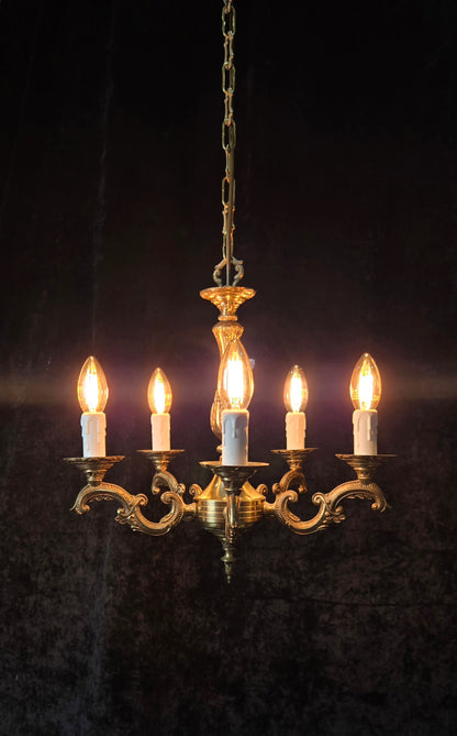 Classical Vintage French 5 Arm Brass Rococo Style Chandelier Ceiling Light