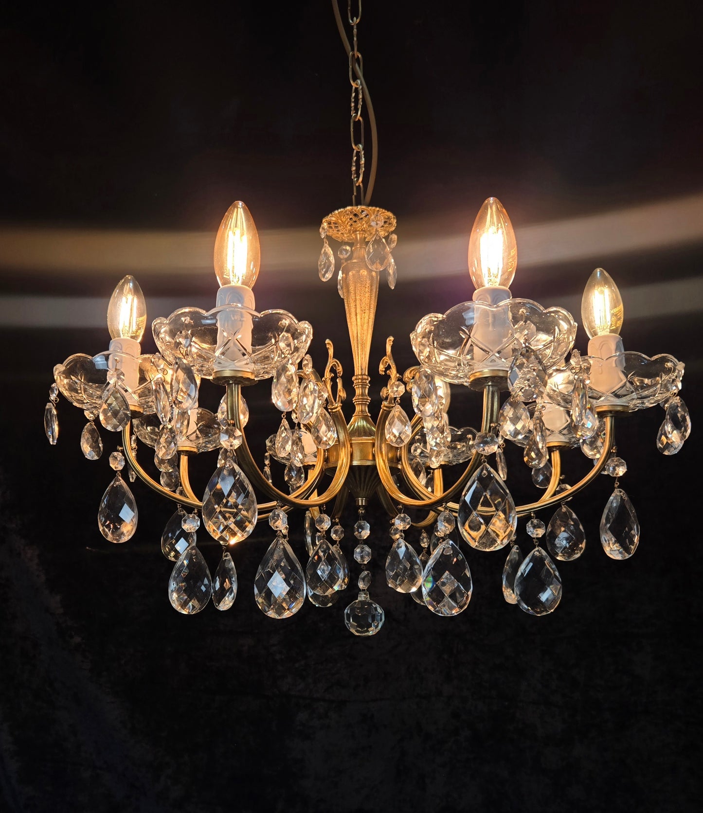 Beautiful Vintage Italian 8 Arm Brass Glass Crystal Chandelier Ceiling Light