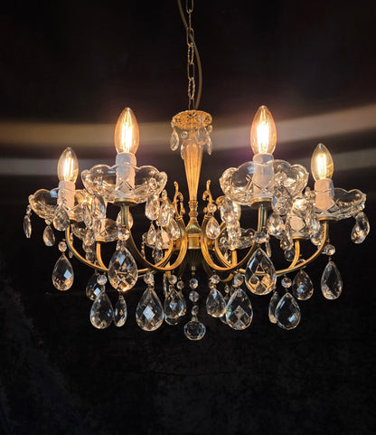 Beautiful Vintage Italian 8 Arm Brass Glass Crystal Chandelier Ceiling Light