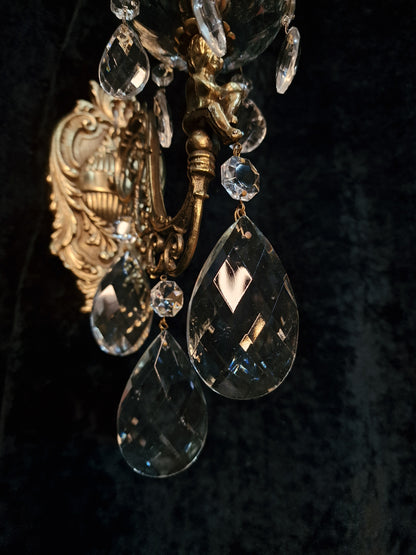 Fabulous Pair Italian Vintage Candle Cherub Brass Crystal Wall Sconces Lights