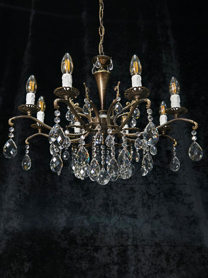 Gorgeous Vintage Italian 8 Arm Crystal Brass Leaf Chandelier Ceiling Light