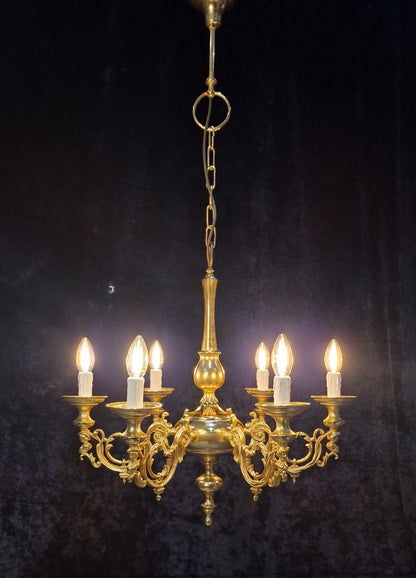 Traditional Vintage Italian Polished Brass 6 Arm Chandelier Ceiling Light