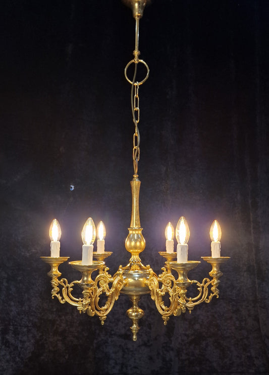Traditional Vintage Italian Polished Brass 6 Arm Chandelier Ceiling Light