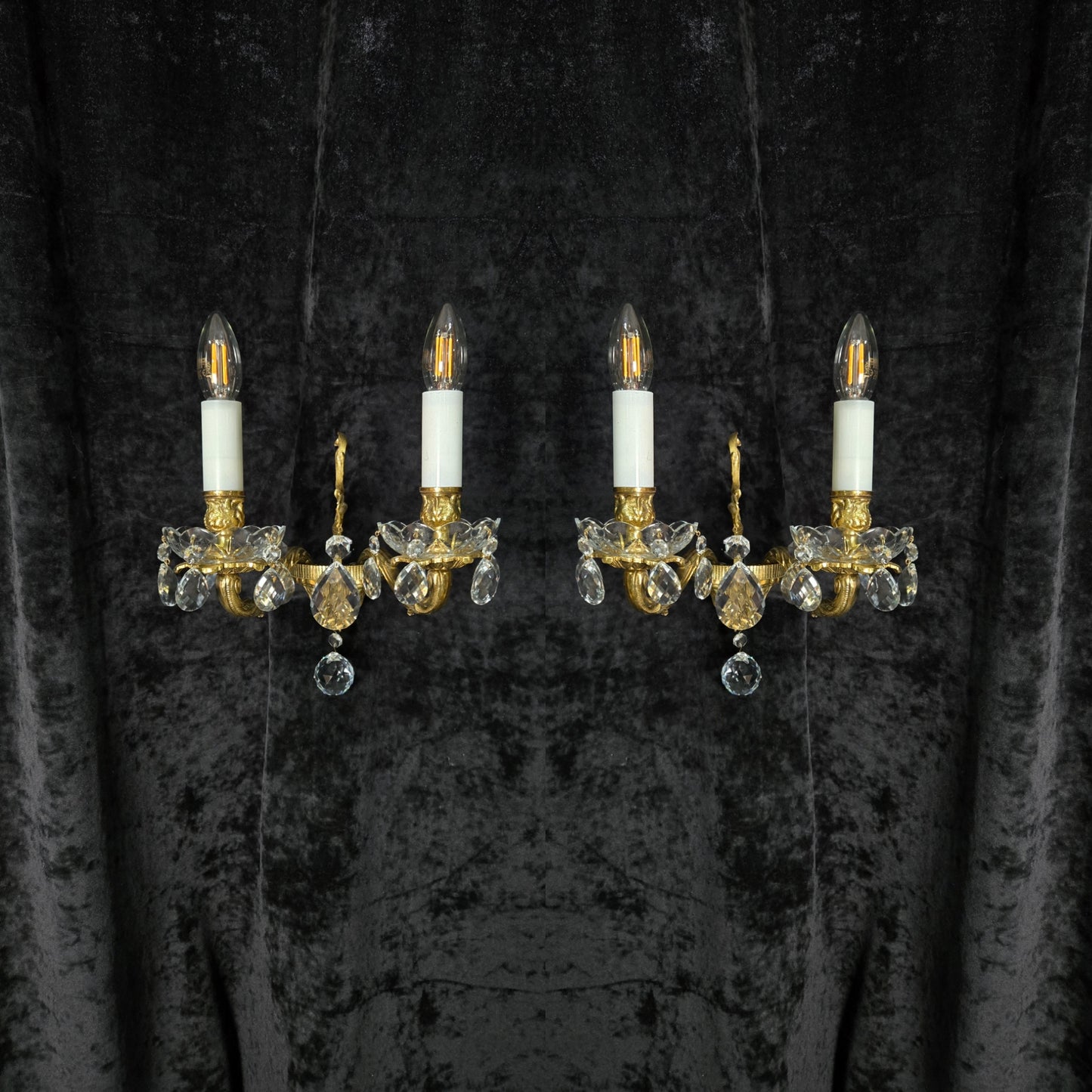Fabulous Pair of Heavy Brass Vintage French 2 Arm Crystal Wall Lights Sconces