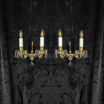Fabulous Pair of Heavy Brass Vintage French 2 Arm Crystal Wall Lights Sconces
