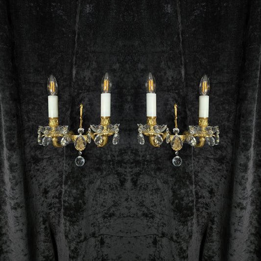 Fabulous Pair of Heavy Brass Vintage French 2 Arm Crystal Wall Lights Sconces
