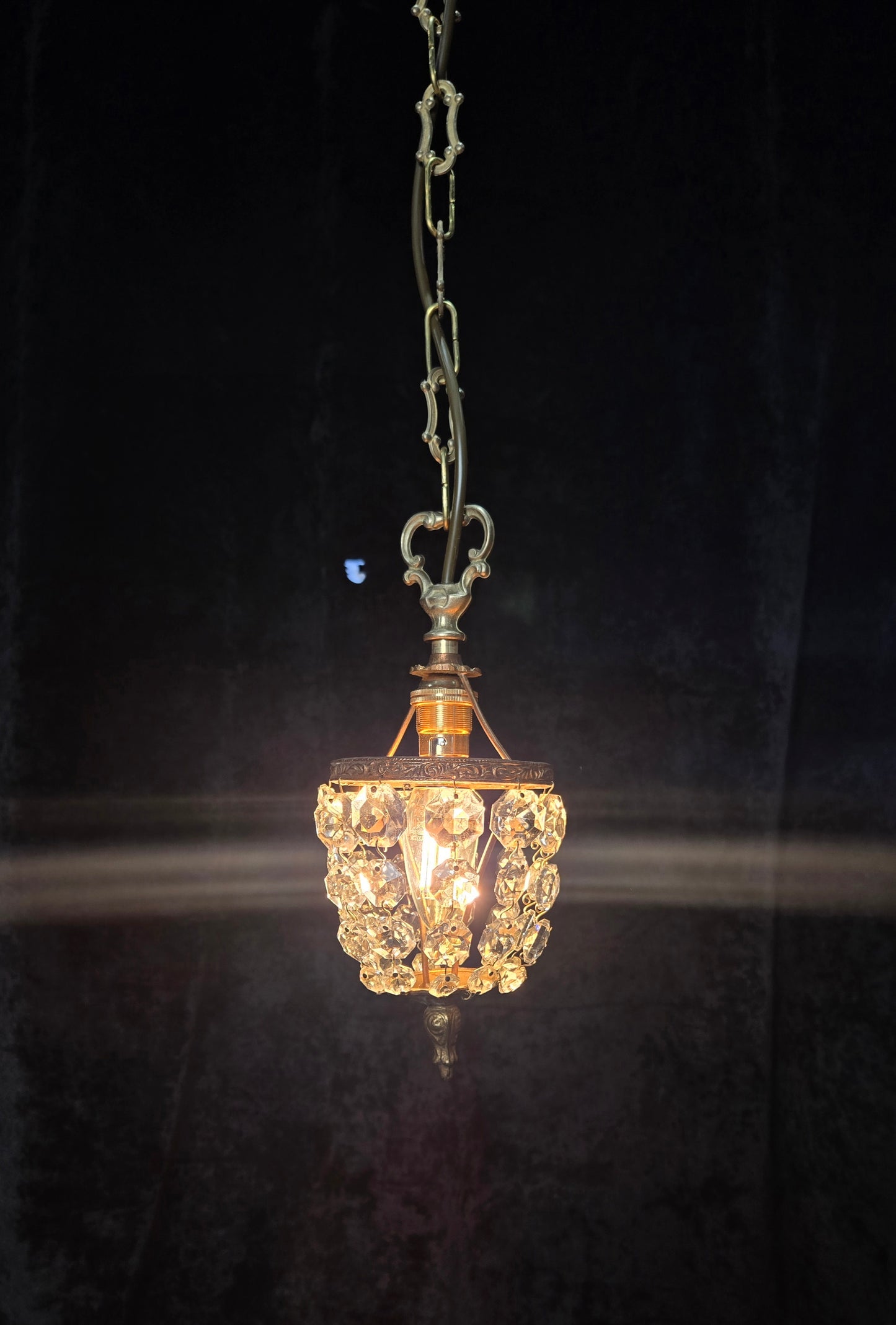 Petite Vintage French Crystal Half Bag Brass 1 Light Chandelier Ceiling Light