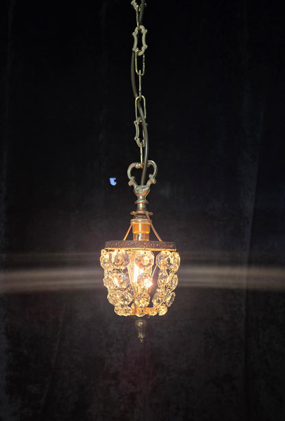 Petite Vintage French Crystal Half Bag Brass 1 Light Chandelier Ceiling Light