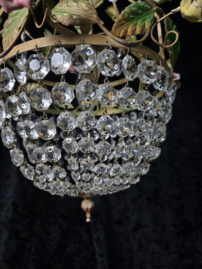 Beautiful Vintage Florentine Italian 1 Light Crystal Roses Toleware Chandelier